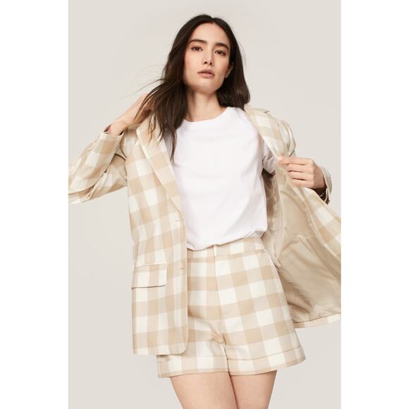 ENGLISH FACTORY Tan Gingham Print Oversized  Front Button Blazer Size Small - Picture 2 of 12